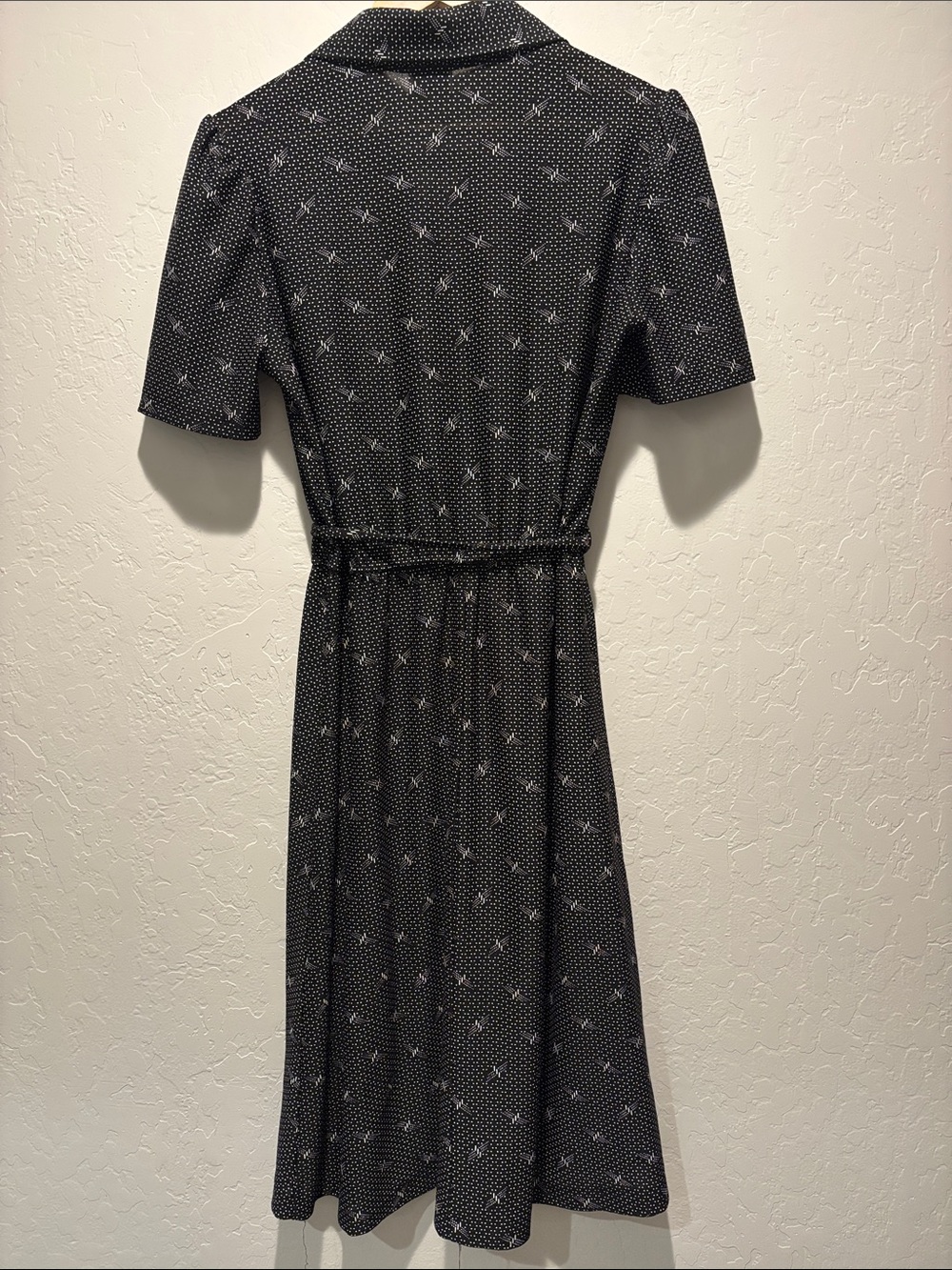 Vintage Black Midi Shirt Dress with White Dot & Floral Motif - Picture 3 of 3